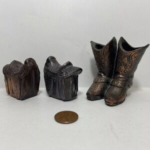 VTG Horse Saddle Salt & Pepper Shakers Cowboy Boots Toothpick Holder Metal Japan